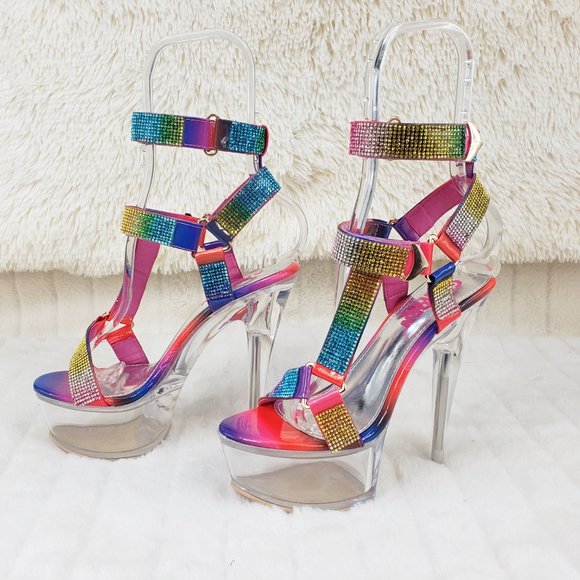Bulls Rainbow Rhinestone Harness Strap Clear Platform Heels - Picture 9 of 16